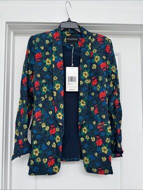 Wildfang Navy Blazer with Red and Yellow Floral Print